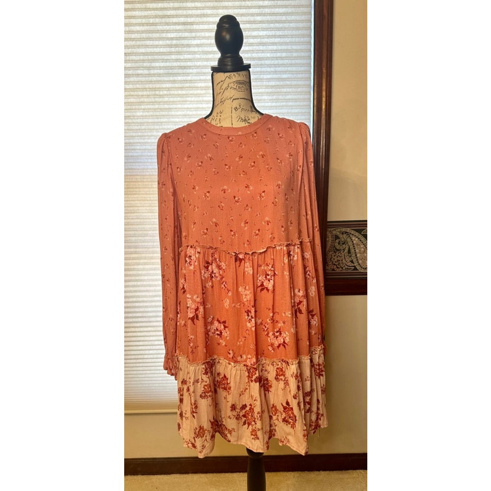 Penelope Rose Medium Pink Floral Dress with ruffles, sleeves & keyhole